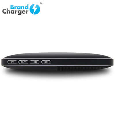 BrandCharger Fusion Bluetooth Wireless Speaker with Power Bank side view showcasing control buttons.