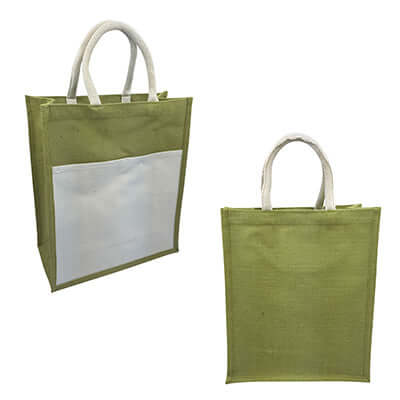 Eco Friendly Jute Tote Bag with Canvas Pocket shown in green, perfect for sustainable style and corporate gifts.