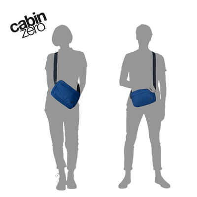 Cabinzero Flipside Shoulder Bag 3L worn by two silhouettes, showcasing its compact design and versatility as a corporate gift.