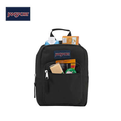 Jansport Big Break lunch bag featuring insulated compartment and exterior zip pocket for utensils.