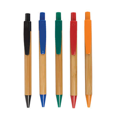 Eco Friendly Bamboo Pen in five vibrant colors: orange, red, green, blue, and black - a perfect corporate gift.