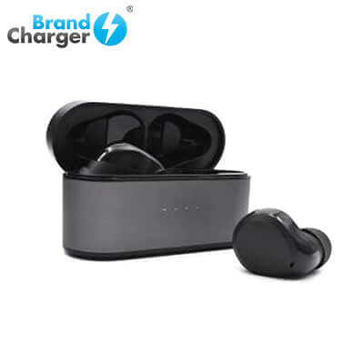 BrandCharger ARIA T3S True Wireless Earbud in charging case with one earbud outside.