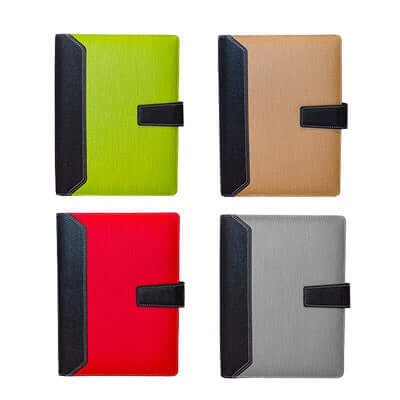 A5 PU Ring-Binder Notebook in four colors: green, beige, red, and grey, perfect for corporate gifts.