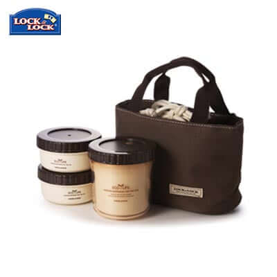 Lock & Lock 3 Pieces Rounded Lunch Box Set with three containers and a carrying bag.