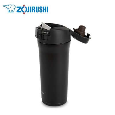ZOJIRUSHI Stainless Steel Mug Bottle 0.48L with flip-type lid and one-touch open stopper.