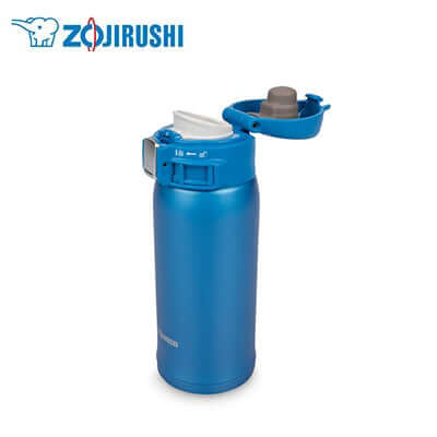 ZOJIRUSHI Stainless Mug Bottle in blue with flip-type lid and one-touch open stopper.