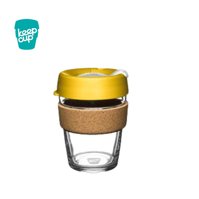 KeepCup Brew Cork Cup 12oz with yellow lid and cork band, ideal for coffee enthusiasts and sustainable gifts.