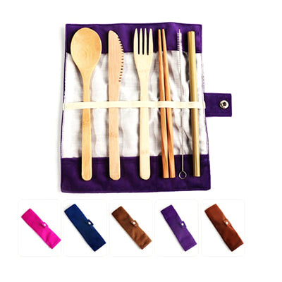 Eco-friendly 6 Pieces Bamboo Cutlery Set in a stylish travel pouch, ideal corporate gift and sustainable dining option.