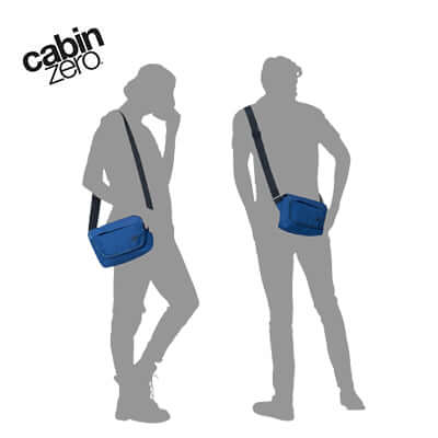 Cabinzero Flapjack Shoulder Bag 4L shown in navy on models for a stylish day out and corporate gift.