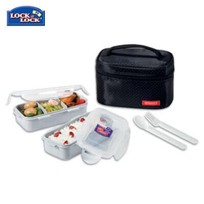 Lock & Lock 2-tier BPA Free Lunch Box with Cutlery shown with contents and cutlery for convenient meal transport.