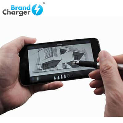 BrandCharger Styllo Multi Function Pen in use on smartphone for sketching architectural designs.