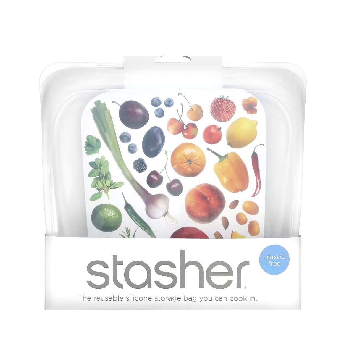 Stasher Sandwich Bag 828ml with colorful fruit and vegetable design, eco-friendly and reusable food storage solution.
