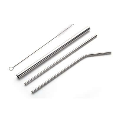 4 Pieces Stainless Steel Straw Set including straight and bent straws with cleaning brush.