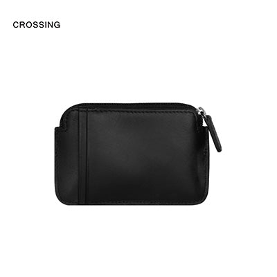 Crossing Infinite Leather Key Coin Pouch With Card Slots RFID in sleek black leather, featuring card slots and zip closure.