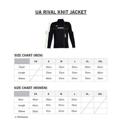 Size chart for Under Armour Rival Knit Jacket for men and women, detailing measurements for each size.