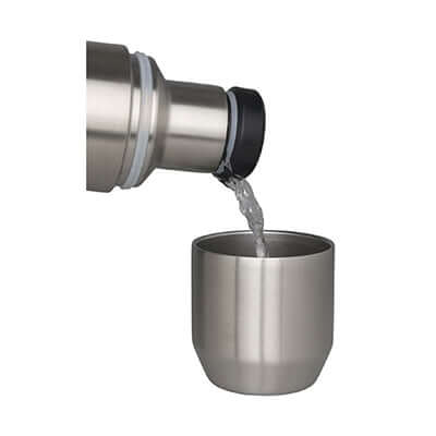 360 Degrees Insulated Flask With Pour Thru Cap 750ML pouring into a stainless steel cup.