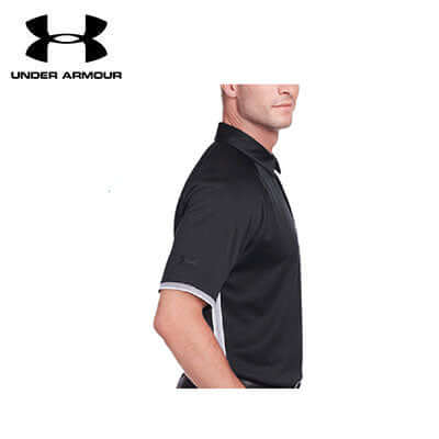 Under Armour Corp Rival Polo Shirt black side view showcasing its loose fit and breathable fabric.