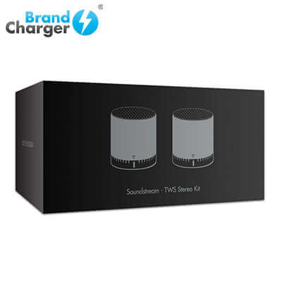 BrandCharger Soundstream Wireless Speakers in retail packaging, showcasing the TWS Stereo Kit design.
