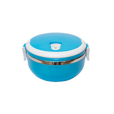 Round-shaped Stainless Steel Lunch Box in vibrant blue color with safety lock features.