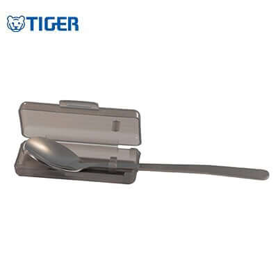 Tiger Double Stainless Steel Vacuum Food Jar MCJ with a stainless steel spoon in a protective case.