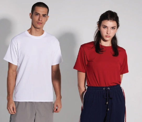 Gildan Adult Performance 4B100 showcased on male and female models in white and red, ideal for corporate gift options.