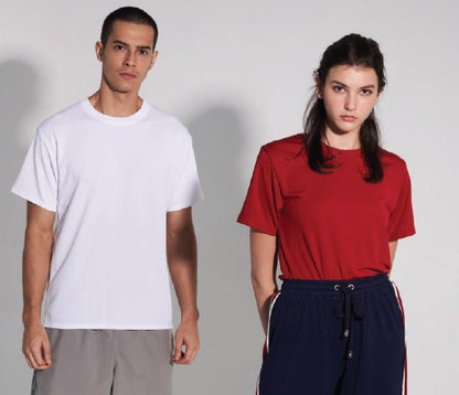 Gildan Adult Performance 4B100 showcased on male and female models in white and red, ideal for corporate gift options.