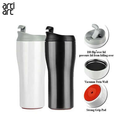 artiart Lark Thermal Suction Bottle in white and black showing features like strong grip pad and vacuum twin wall.