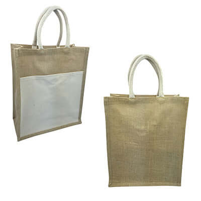 Eco Friendly Jute Tote Bag with Canvas Pocket displayed from front and back, showcasing its durable design and practical use.
