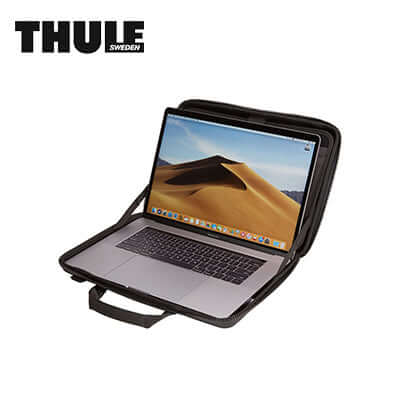Thule Gauntlet Macbook Pro Attache Laptop Bag with open 13 inch MacBook Pro inside for corporate gift options.