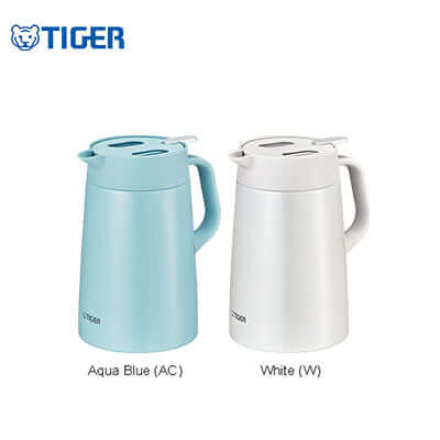 Tiger Stainless Steel Lined Handy Jug 1200ml / 1600ml / 2000ml PWO-A in Aqua Blue and White colors.