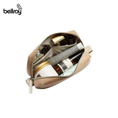 Bellroy Dopp Kit (Premium Edition) open, showcasing organized toiletries; perfect for a stylish corporate gift.