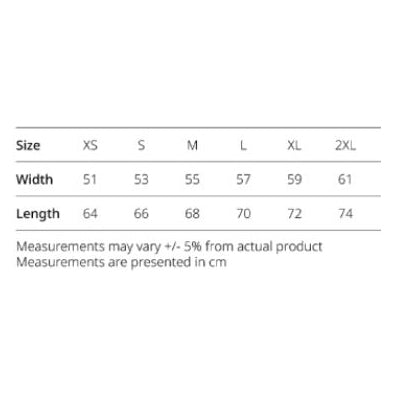 Size chart for North Harbour Unisex Flipit Reversible Front Zip Jacket, including width and length measurements.