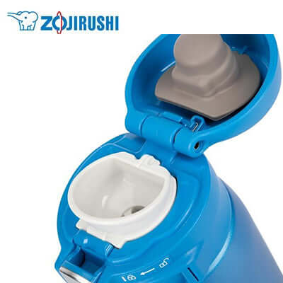Close-up of ZOJIRUSHI Stainless Mug Bottle lid showcasing the flip-type lid and one-touch stopper for easy use.