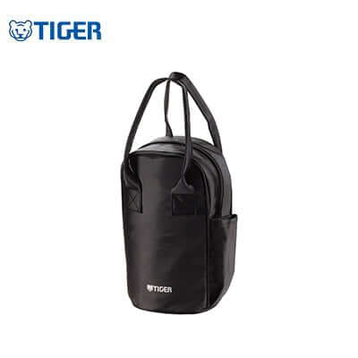 Tiger Double Stainless Steel Vacuum Food Jar MCJ in a black insulated carrying bag for stylish transport.
