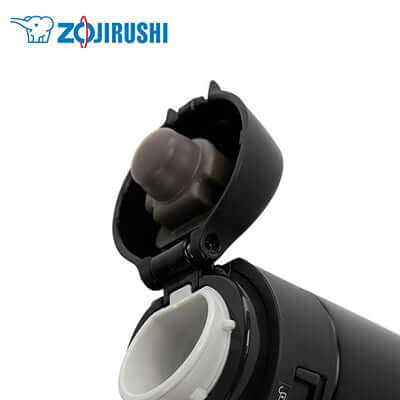 Close-up of ZOJIRUSHI Stainless Mug Bottle 0.34L flip-type lid for easy one-handed use.