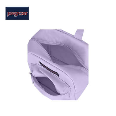 Jansport Big Break lunch bag in lavender color with exterior pocket and adjustable handle, perfect corporate gift.