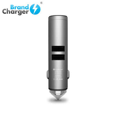 BrandCharger Talky Car USB Charger with Wireless Earpiece featuring dual USB ports for convenience.