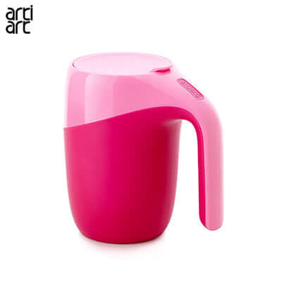artiart Elephant wide mouth Spill Free Suction Mug in vibrant pink color with ergonomic handle.