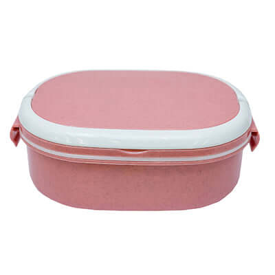 Oval Wheat Fiber Lunch Box with spoon in pink color, eco-friendly meal storage solution.