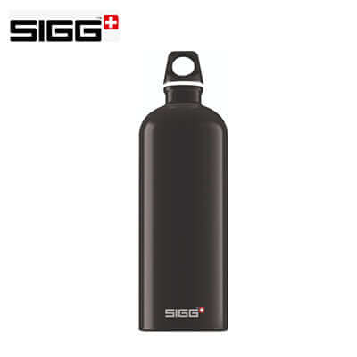 SIGG Traveller 1L Aluminium Water Bottle in sleek black design, perfect for on-the-go hydration.