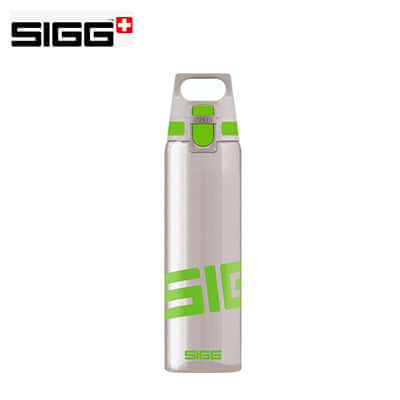 SIGG Total Clear One 750ml Water Bottle with green accents and press-to-open design.