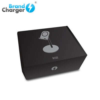 BrandCharger Rise Phone Stand packaging with sleek black design, ideal corporate gift.