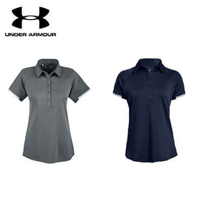 Under Armour Corp Rival Polo Shirt in gray and navy, perfect corporate gift for stylish comfort and performance.