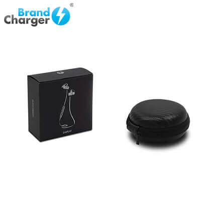 BrandCharger Earlay Earphone in sleek black box and rounded carrying case.