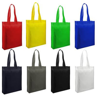 A4 Non-Woven Bag collection showcasing vibrant colors: red, yellow, green, blue, black, white, and navy.