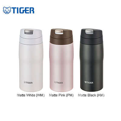 Tiger Flip Cap Stainless Steel Thermal Bottle MJE-A in Matte White, Matte Pink, Matte Black options.