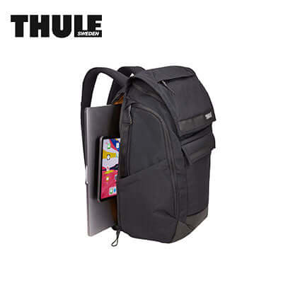 Thule Paramount Backpack 27L displaying 15.6' laptop pocket and 10.5' tablet storage, ideal corporate gift.