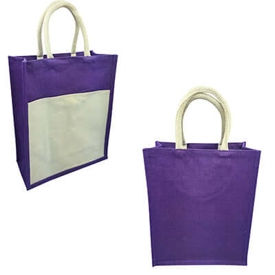 Eco Friendly Jute Tote Bag with Canvas Pocket in purple color with rope handles and canvas pocket.