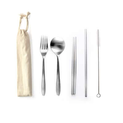 5 Pieces Stainless Steel Cutlery and Straw Set including fork, spoon, chopsticks, straws, and pouch.