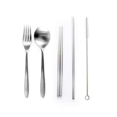 5 Pieces Stainless Steel Cutlery and Straw Set including fork, spoon, chopsticks, straw, and cleaning brush.
